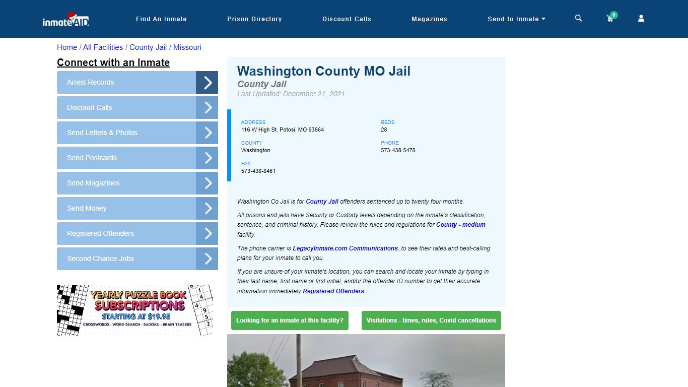 Washington County MO Jail - Inmate Locator - Potosi, MO
